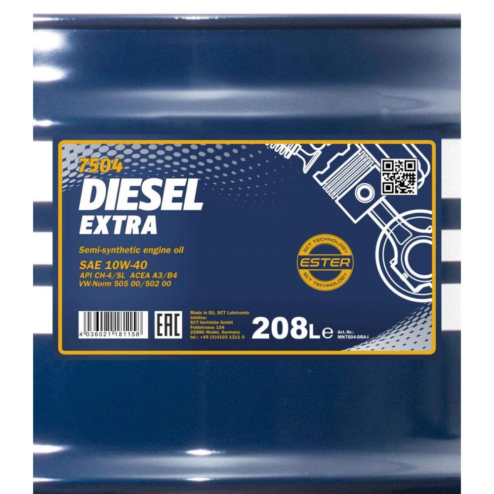 MANNOL Aceite de motor 10W-40 DIESEL EXTRA aceite parcialmente sintético ACEA A3/B4 API CH-4 API SL 208L Compatible con VW Polo V Hatchback 6R1, 6C1 up! Hatchback 121, 122, BL1, BL2, BL3, 123, TOYOTA