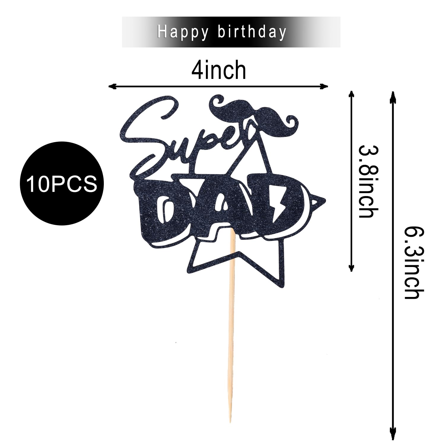 Kistreao 10-Pack Happy Father's Day Cake Toppers - Glitter Black Cupcake Picks For Dad's Birthday & Celebrations