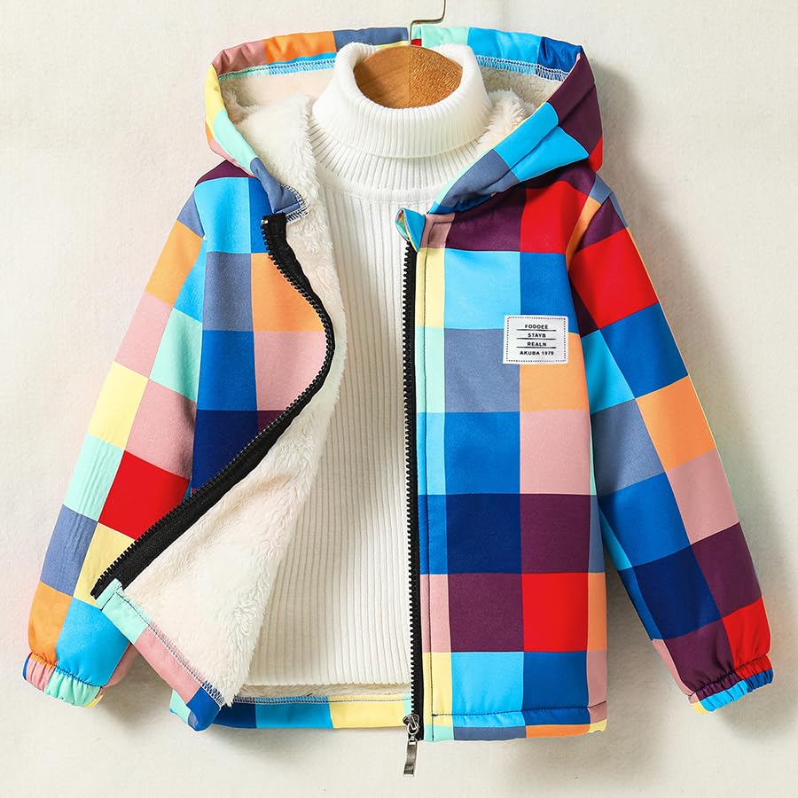 Toddler Little Girls Plaid Lined Fleece Jacket with Hood Winter Thick Warm Zip-up Outerwear2