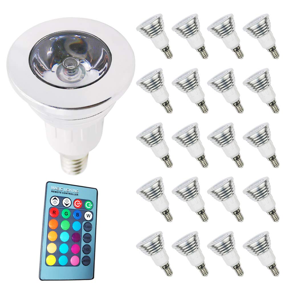 Pack de 20 bombillas LED RGB, casquillo E14, 3 W, cambio de color, con mando a distancia, 180 lm, CA 85-265 V, multicolor, regulable, 16 colores, 4 modos
