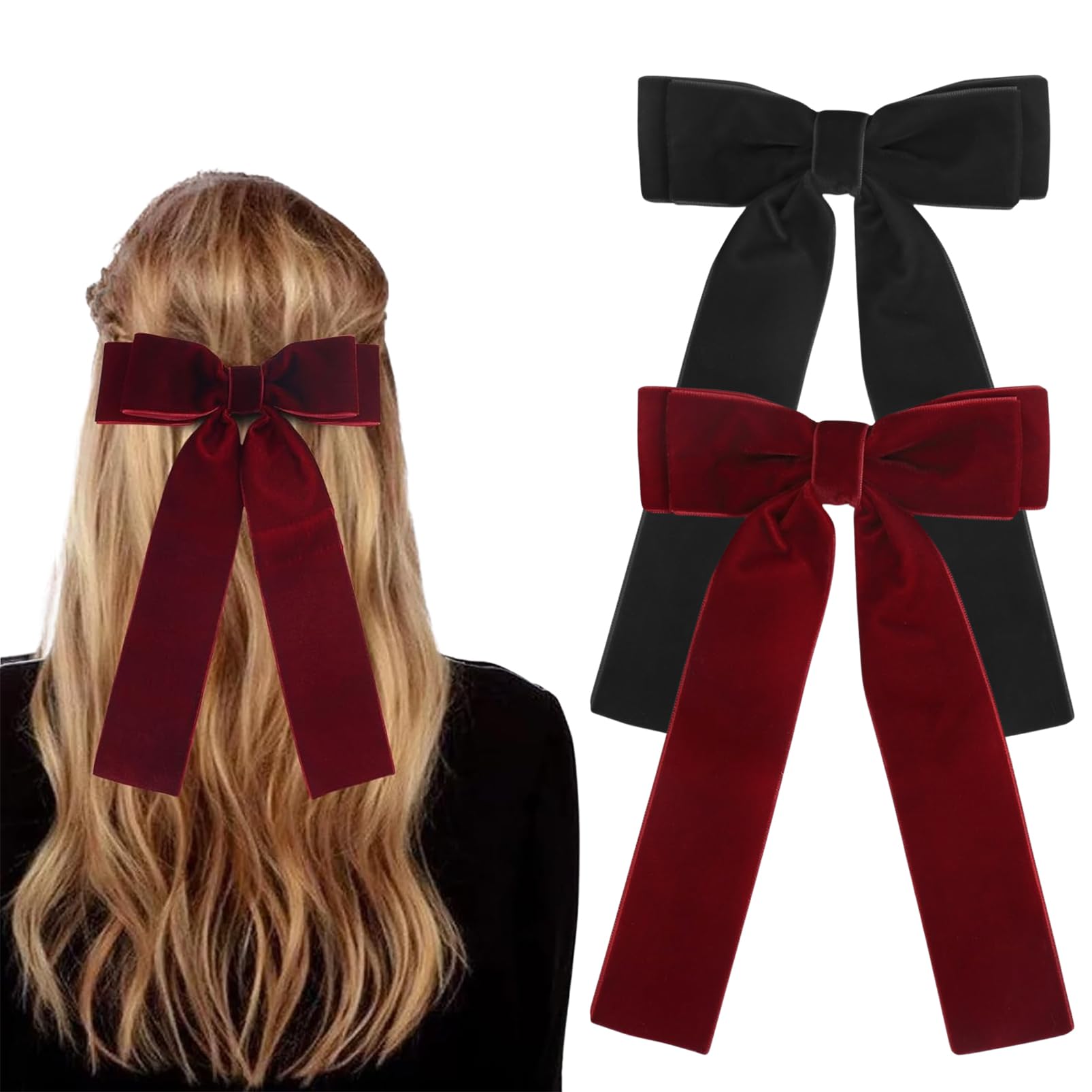 DMQ Hair Bows, 2Pcs Black Red Velvet Bow Hair Clips for Women Solid Color Bowknot Hair Clips Barrettes with Long Ribbon