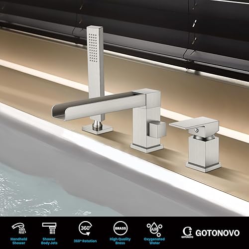 Miniatura 8 de gotonovo Grifo de bañera romano con ducha de mano, 3 agujeros, montaje en cubierta, juego de grifo de bañera de una sola manija generalizado