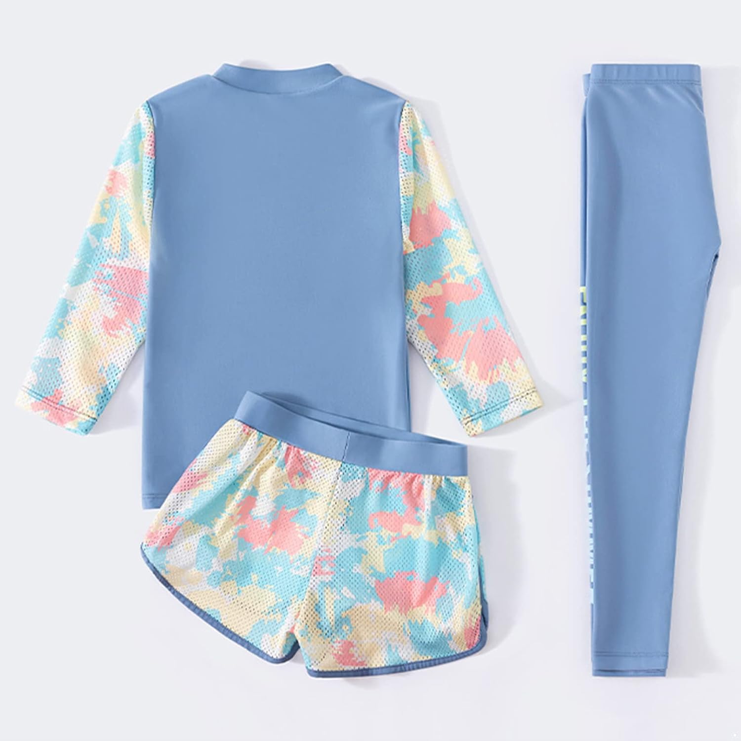 Jhaoyu Girls Kids 3 Piece Rash Guard Swimsuits Outfits Long Sleeve Printed Beach Sun-Proof Protection Set Swimwear
