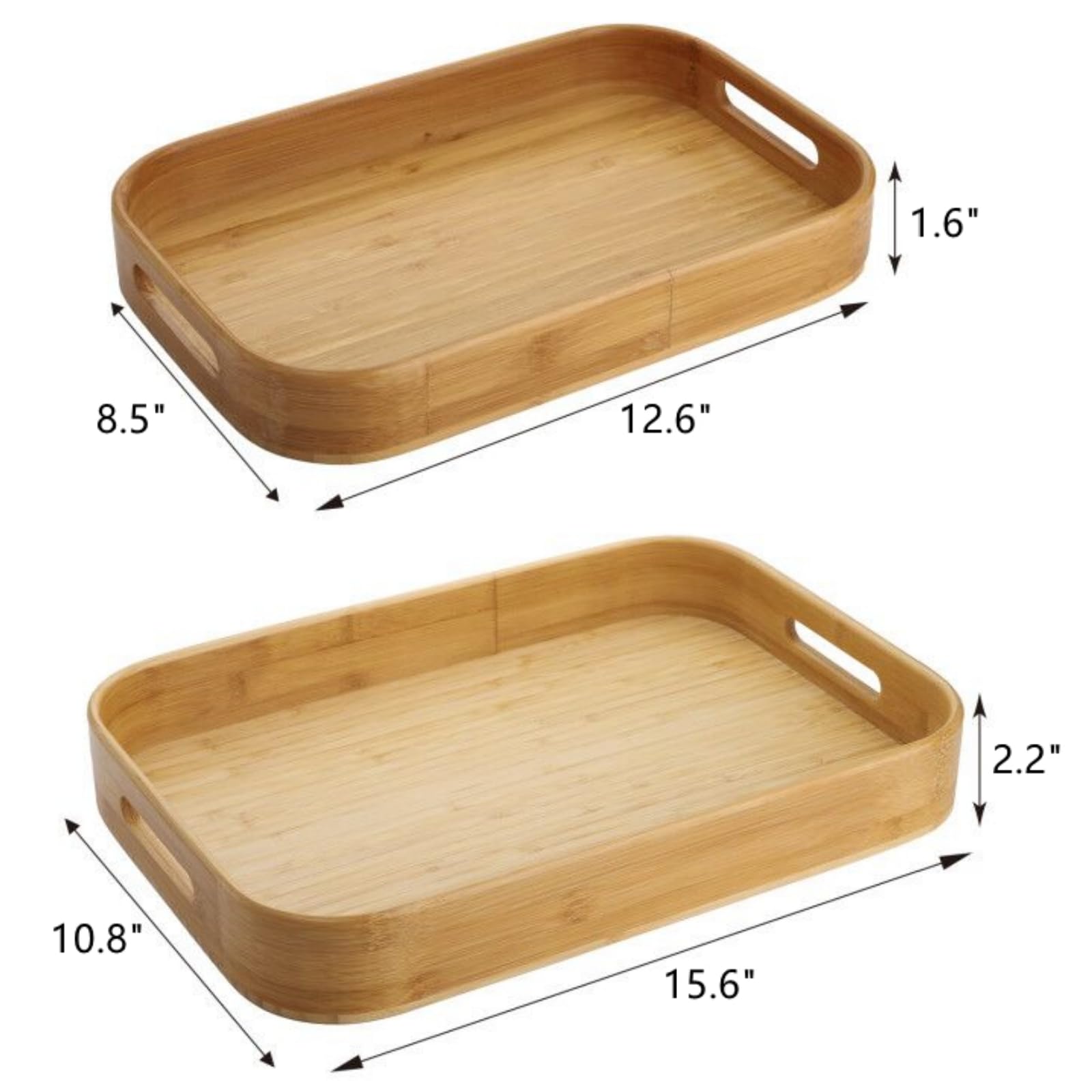 Dicunoy Juego de 2 bandejas de bambú para servir, bandeja de desayuno de madera maciza con asas, 15.6 pulgadas de largox10.8 pulgadas de ancho,12.6 pulgadas de largox8.5 pulgadas de ancho
