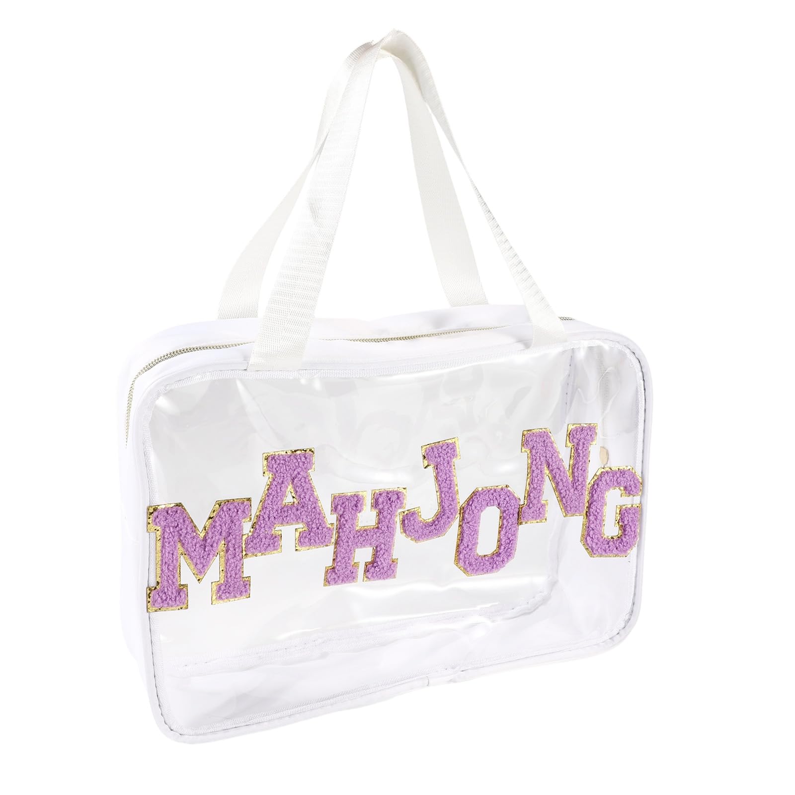 Empty Mahjong Bag, 11.81x8.66x3.54in PVC Material Clear American Mahjong Tile Travel Carrying Storage Case with Smooth Zipper and Sewn-In Chenille Lettering Patterns for Game Lovers(Only Bag, White)