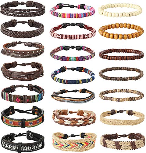 Finrezio 21Pcs Pulsera Tribal Cuentas de Cuero para Hombres Mujeres Pulseras Étnicas Cáñamo Cuentas de Madera Pulseras Boho