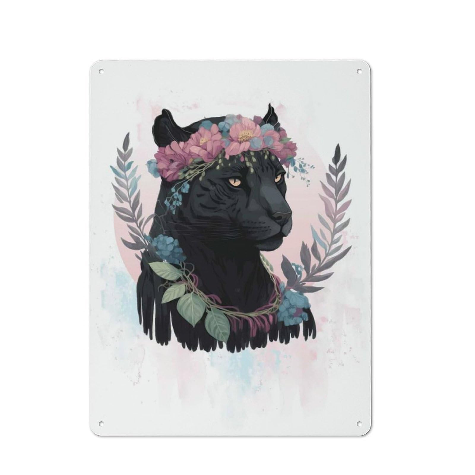Junmoney Style-22 Floral Watercolor Panther Old Style Metal Wall Decor 40X30cm, Decorative Tin Plaque For Cafe, Pub, Workshop Or Home Bar