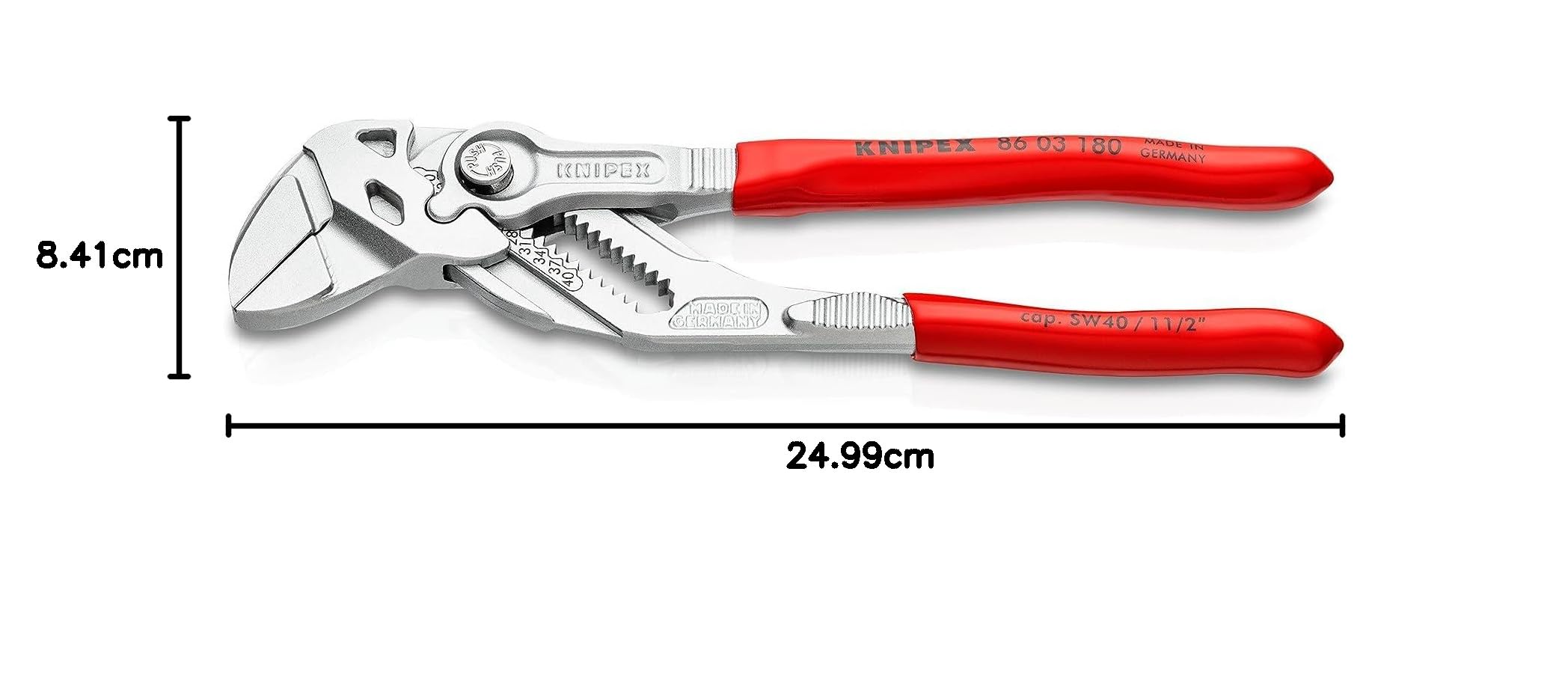 KNIPEX Tenaza llave alicate y llave en una sola herramienta con cartulinas autoservicio cromado recubiertos de plástico 180 mm, 86 03 180 SB