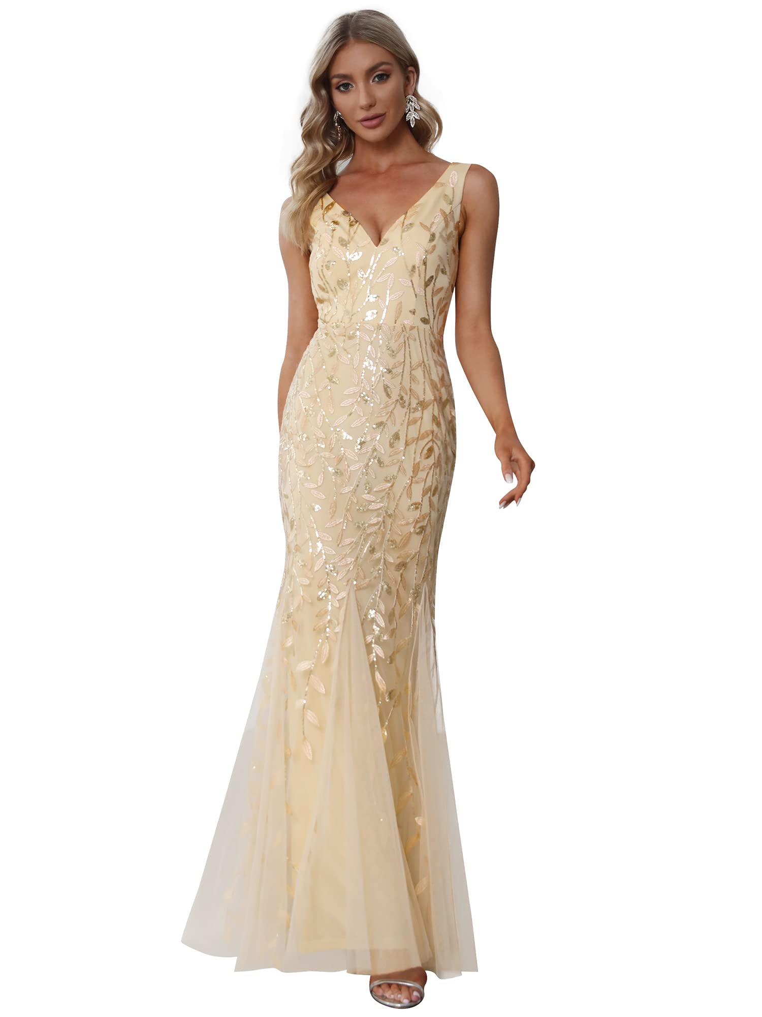 Ever-Pretty a Sirena Tul Vestido de Noche Cuello en V sin Respaldo para Mujer Dorado 46