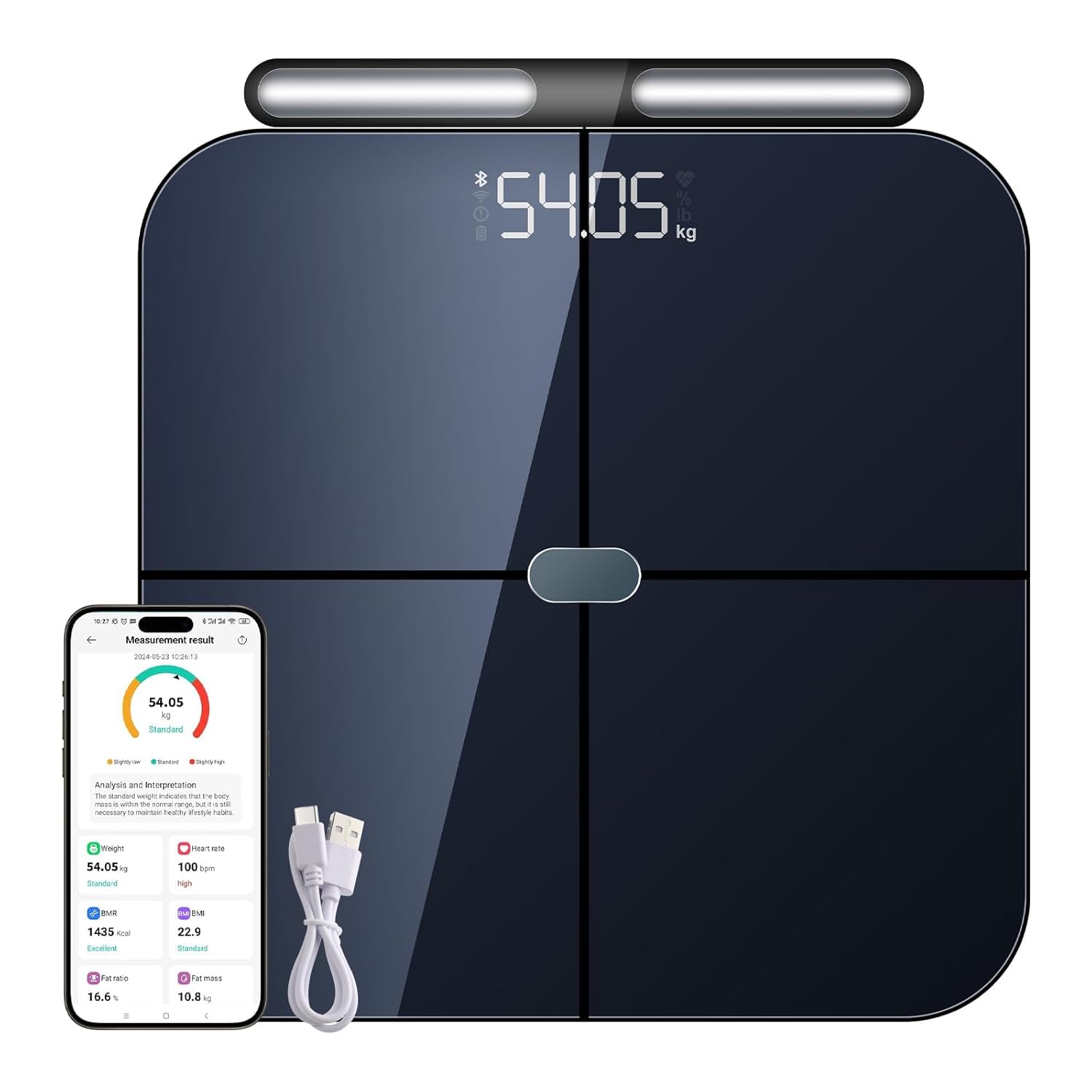 Salute Persona Impedenzimetro, Bilancia connessa WIFI & Bluetooth con 8 elettrodi ad alta precisione 46 dati aziendali per App Incluse Andriod e iOS, Capacità 180kg/400lb, 30x30cm