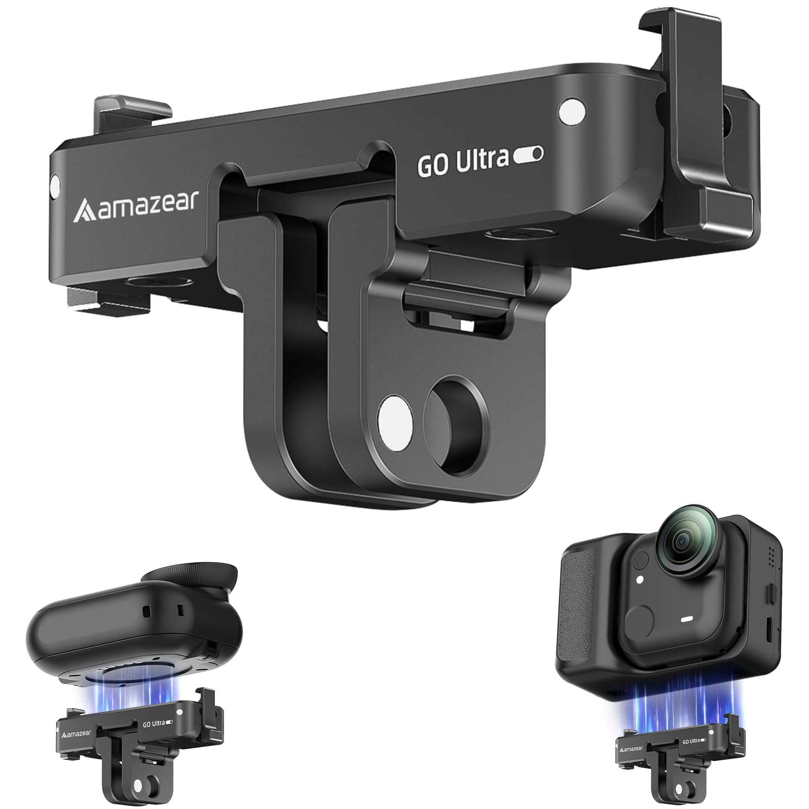 AMAZEAR Adattatore magnetico a sgancio rapido per fotocamera Insta360 GO Ultra, supporto base in lega di alluminio con filettatura da 6,35 mm per treppiede, bastone selfie, impugnatura, nero