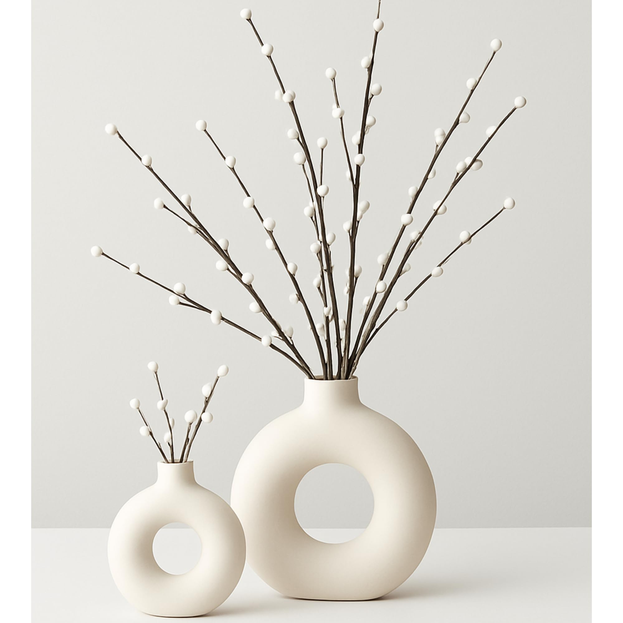 Natural Dried Sola Moti Stick Flower with 2 Donut Vase | Pack of 2 | 6 Inch & 8 Inch | Home Decor,Office,Table Corner Decoration | WhiteFlower Stick Pack of 10 |