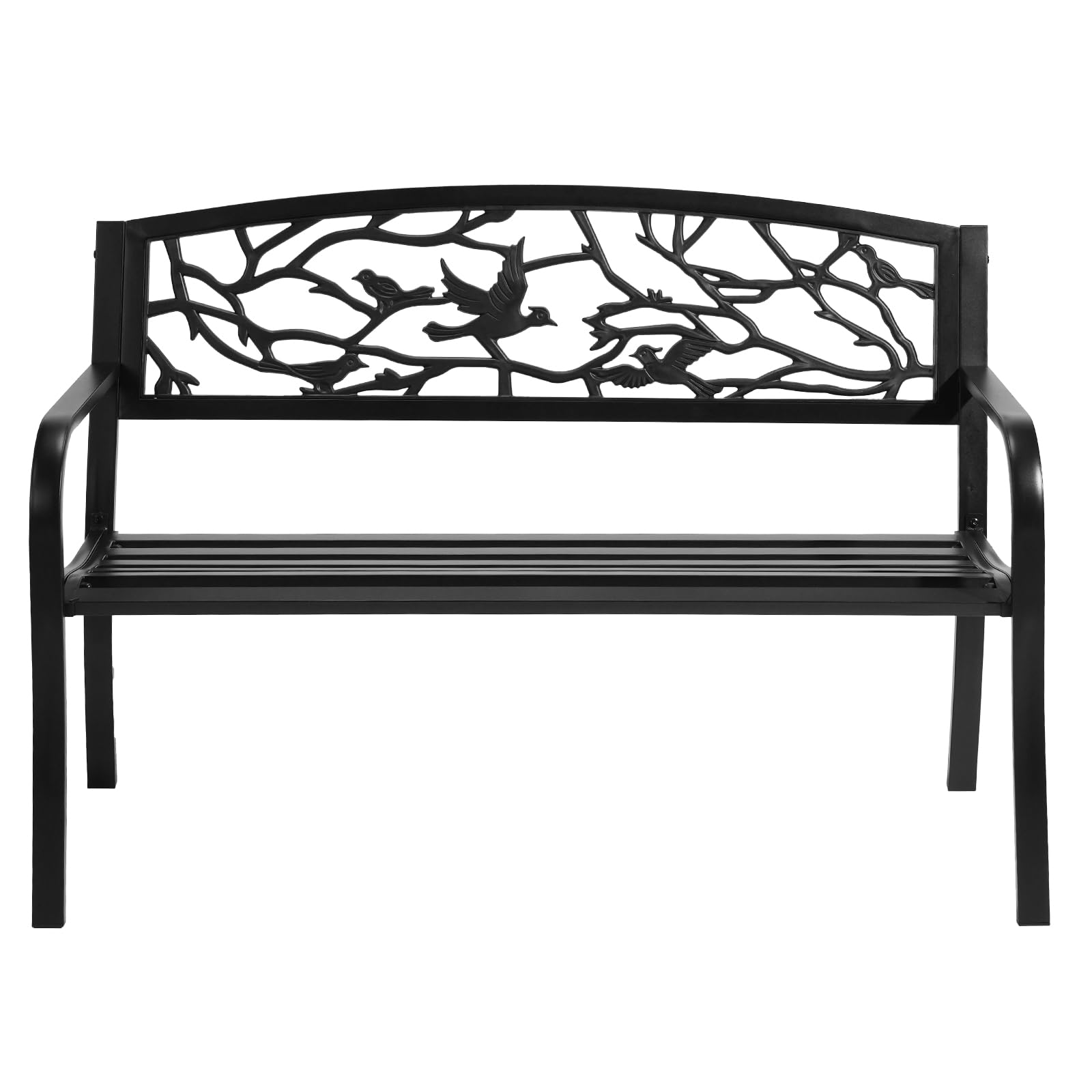 VINGLI Outdoor Bench for Patio Metal Garden Bench w/PVC Back Pattern, Black Park Benches Front Porch Benches for Yard Lawn Decor Deck Entryway (Black-Bird)