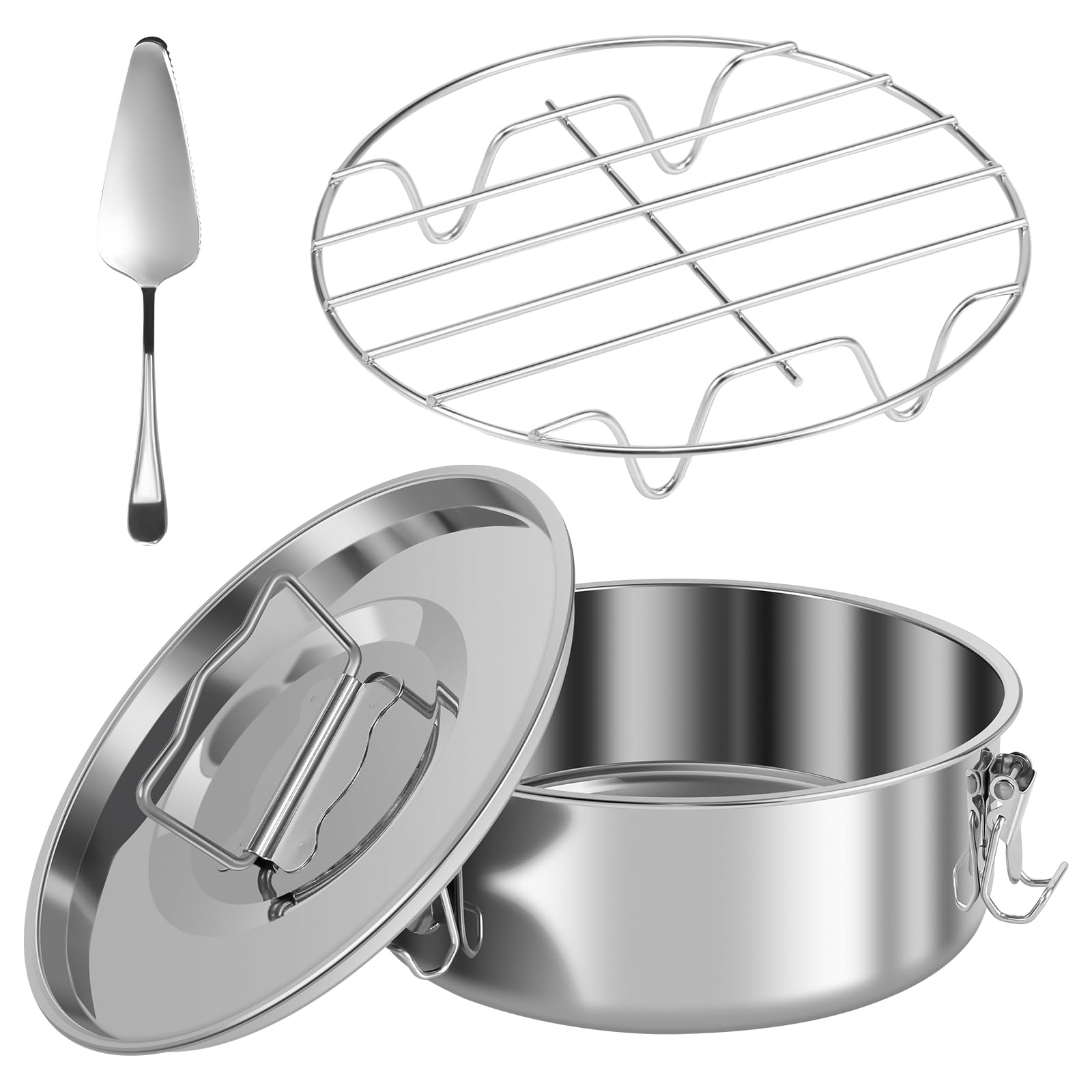 OKYMOTOR Flan Mold with Lid, 1.5 QT Baking Flan Maker, Flan Pan Stainless Steel with Steam Rack, Cake Spatula for Fast Pot Making Cheesecake Cupcake