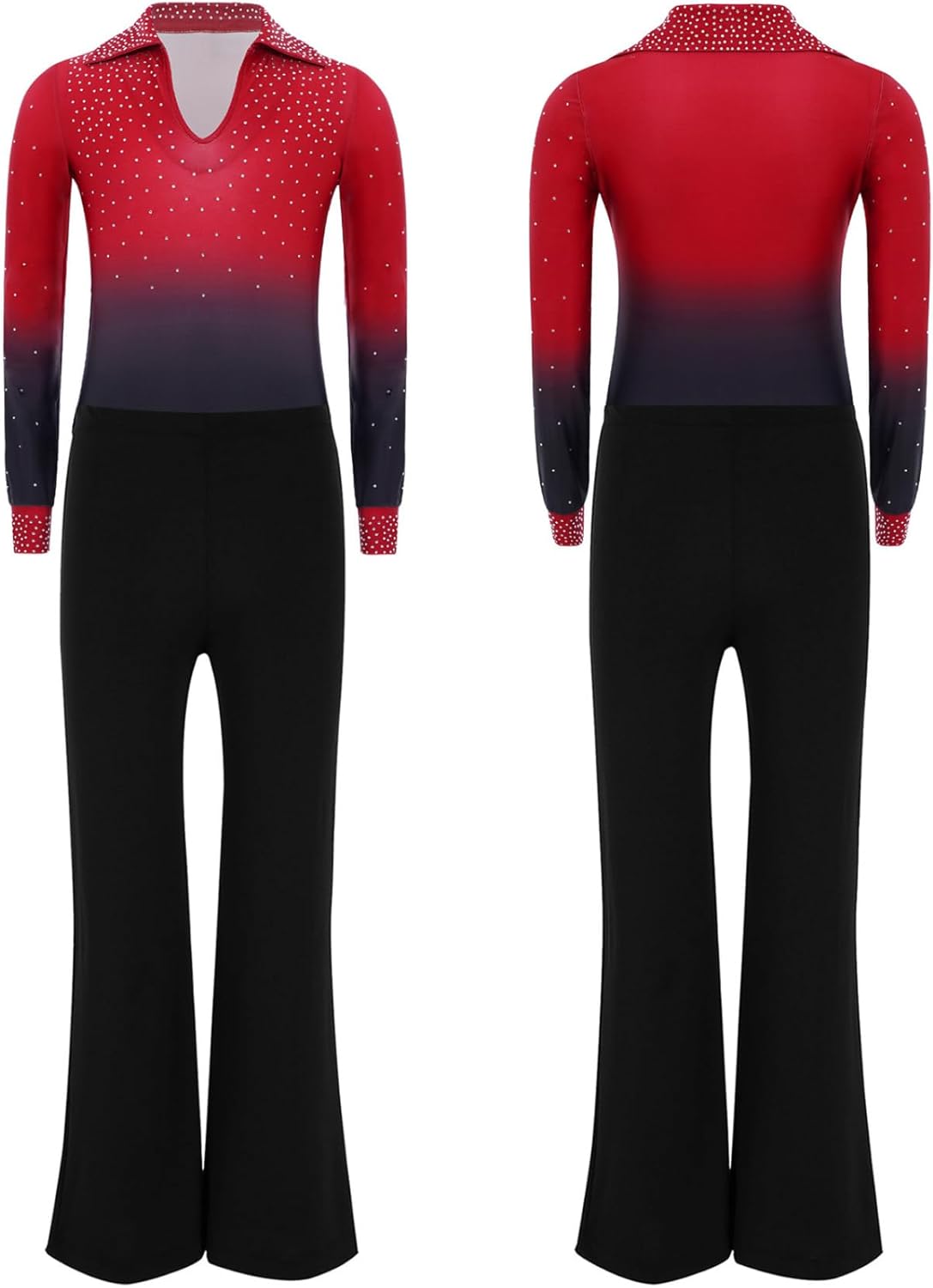 JEYPINMI Boys Figure Skating Costume Ballroom Tango Dancewear Latin Dance Bodysuit Gymnastic Leotard and Flared Pants