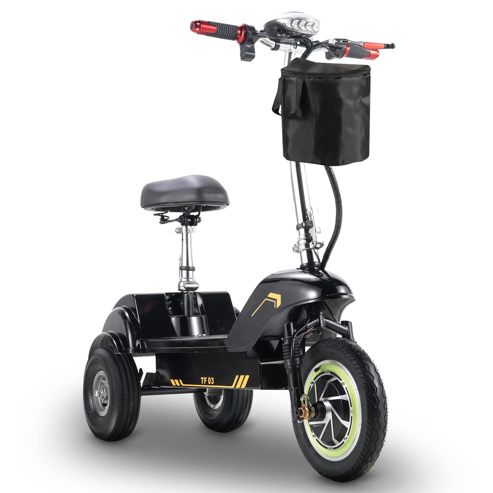 TWOFISH Triciclo Elettrico per Adulti, Batteria da 48V 15Ah, Pneumatici da 12 Pollici Autonomia 38 km Massima 25 km/h, Carico 100 kg, TF-03 (Nero e Giallo)