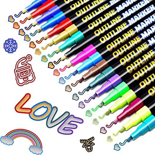 Outline Pens,VEERUN 18 Colors Fluorescent Glitter Double Line Pen Doodle Dazzle Pens for Gift Card Writing,Birthday Greeting,Scrap Booking, Posters,DIY Art Crafts(9 Gold Line+9 Silver Line)