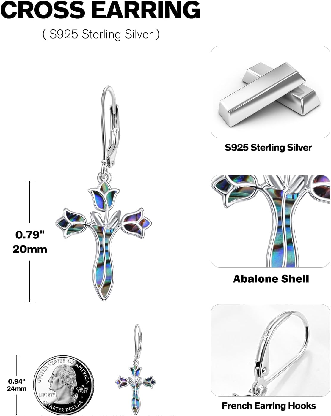 Dreamboat Sterling Silver Cross Earrings for Women Lever Back Dangle Earrings Faith Christian Confirmation Religious Jewelry for Mom