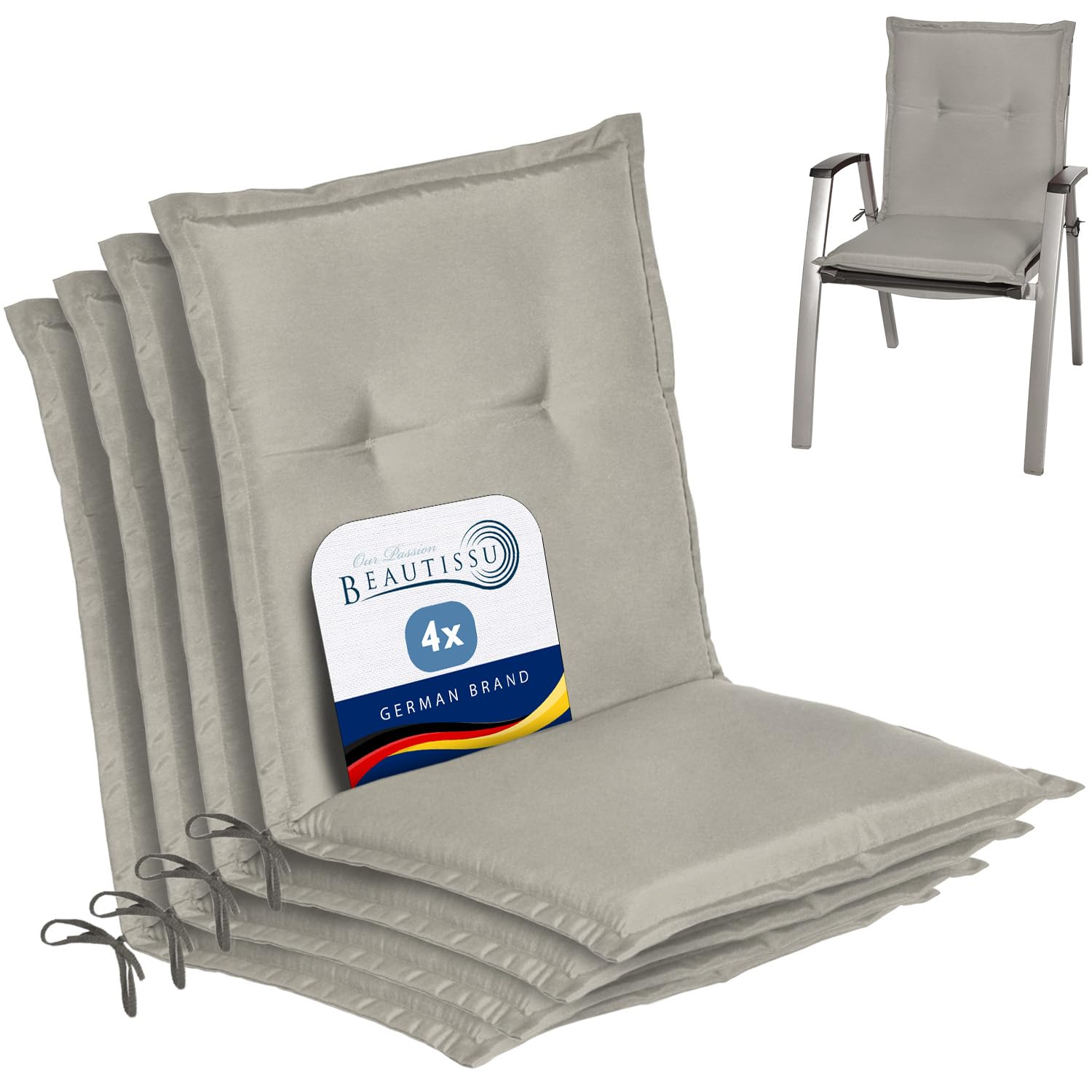 Beautissu Lowback Outdoor Chair Cushions 100x50x6 cm Loft NL - Set of 4 Seat Cushions for Garden Chairs with Backs Recliner Patio Chair Sunbed Bench - Light Grey