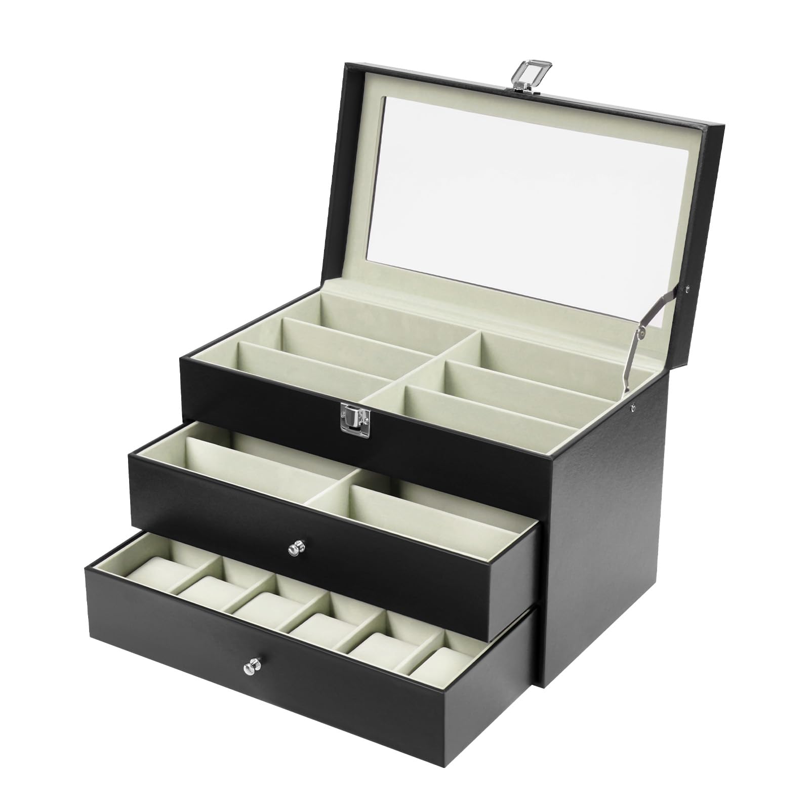 Caja de 3 pisos para relojes y gafas, de piel sintética, con tapa de cristal, 24 compartimentos (12 relojes + 12 gafas), caja de almacenamiento con cierre de metal para relojes, gafas de sol, joyas y