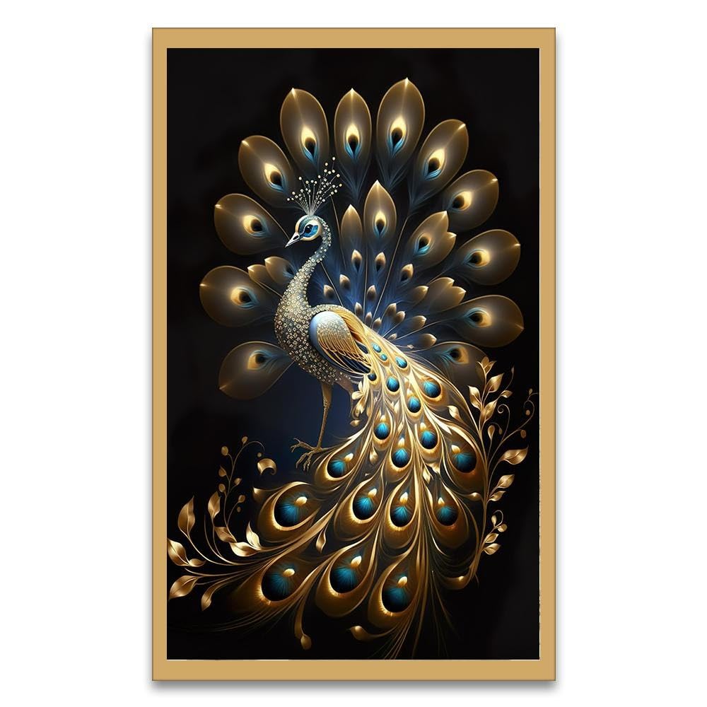 DEKORSTATION Panoramic Golden Peacock Design Canvas Framed Wall Painting for Living Room |Bedroom | Office | Drawing room |Hotel Wall Decoration (18 Inch x 12 Inch)