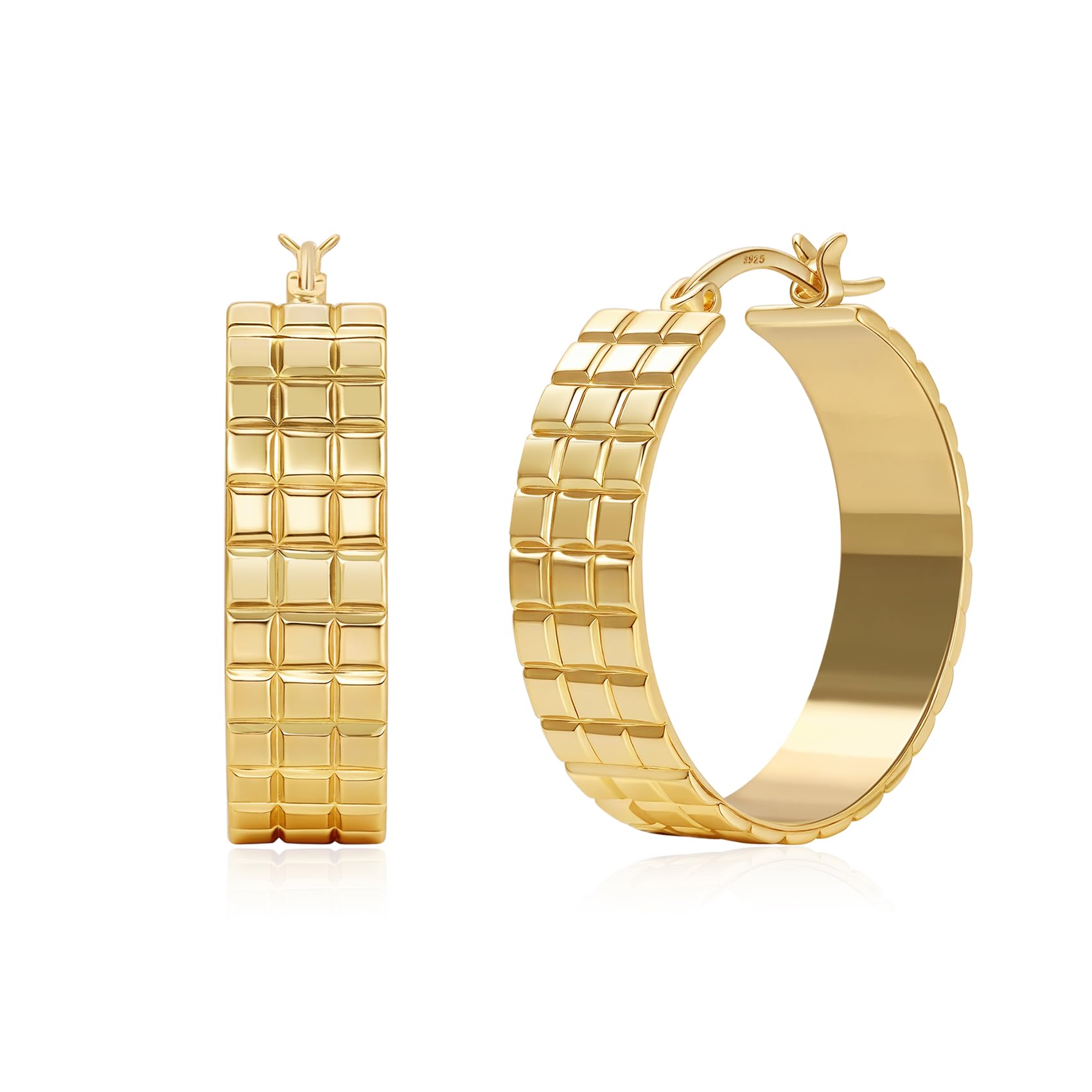 LOUMILEO 8mm Wide Chunky 14K Gold Plated Ribbed 925 Sterling Silver Post Hoops Earring Hypoallergenic Lightweight Large Silver Hoop Earrings for Women