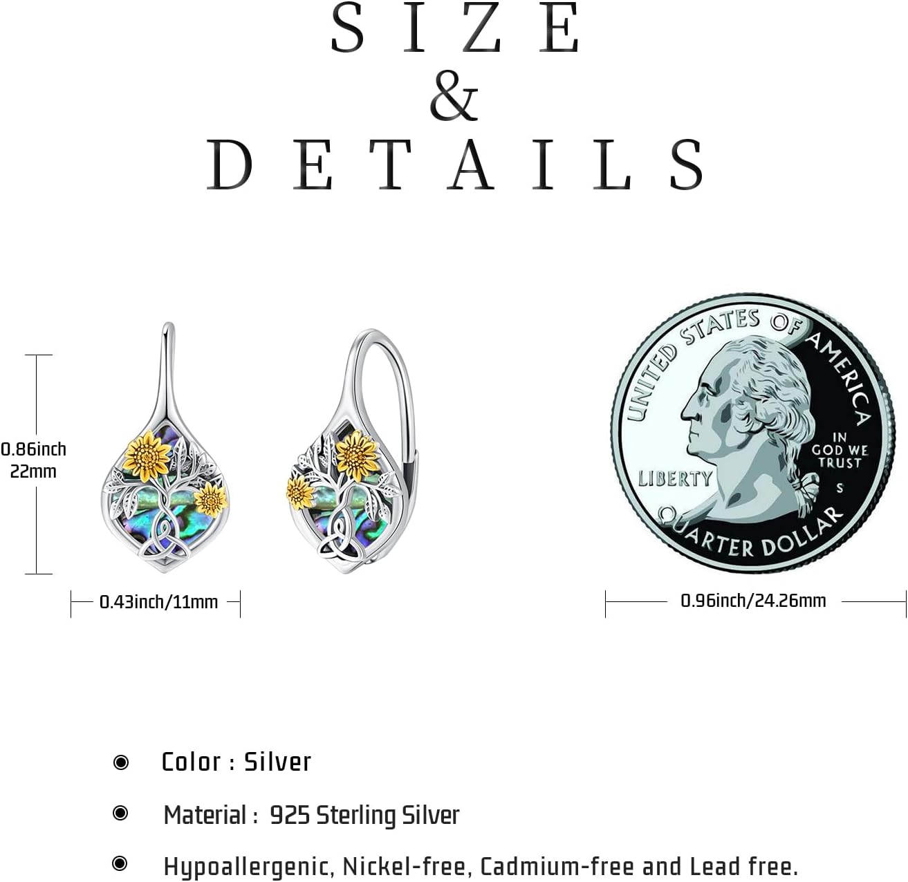 Sunflower Earrings 925 Sterling Silver Sunflower Abalone Shell Earrings Tree of Life Leverback Earrings Jewelry Gifts for Women - Image 5