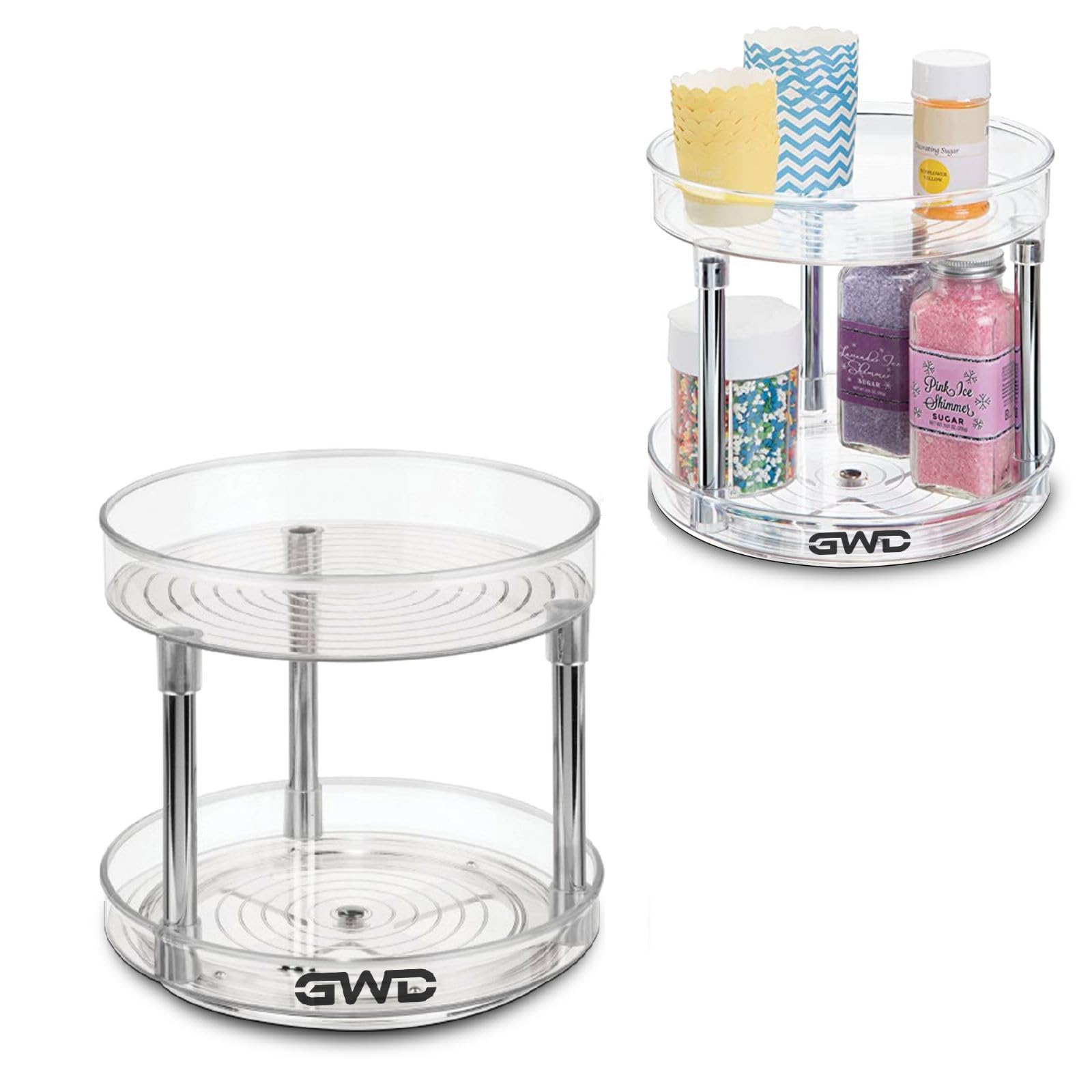 GULF WORLD DIRECT360° Rotating 2-Tier Lazy Susan Organizer with Metal Stand - Multipurpose BPA Free Two-Tier Lazy Susan Turntable Organizer - Cosmetic, Makeup Organiser for Cabinet, Table, Pantry