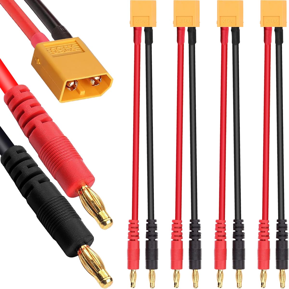 JYUNJOENG XT60 Connector to 4mm Banana Plug, XT60 Charging Cable RC Battery Balance Charger Lead Adapter Cable for RC Helicopter Quadcopter Lipo Battery Plug Charge, 4 Pcs, 15cm/5.9in