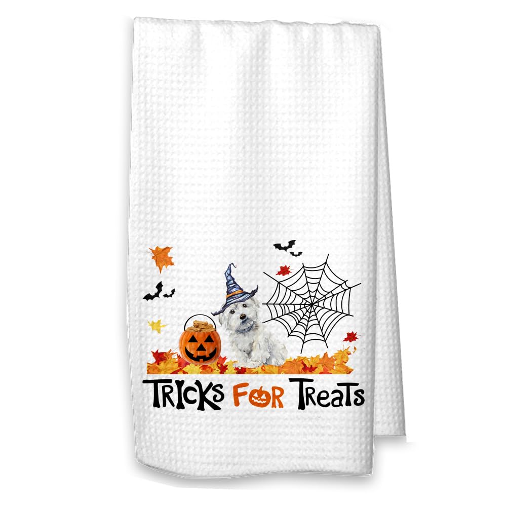 Studio 9Thirty3 Tricks for Treats Maltese Halloween Kitchen Waffle Towel Maltese Fall Decor (White Towel, Maltese no Name)