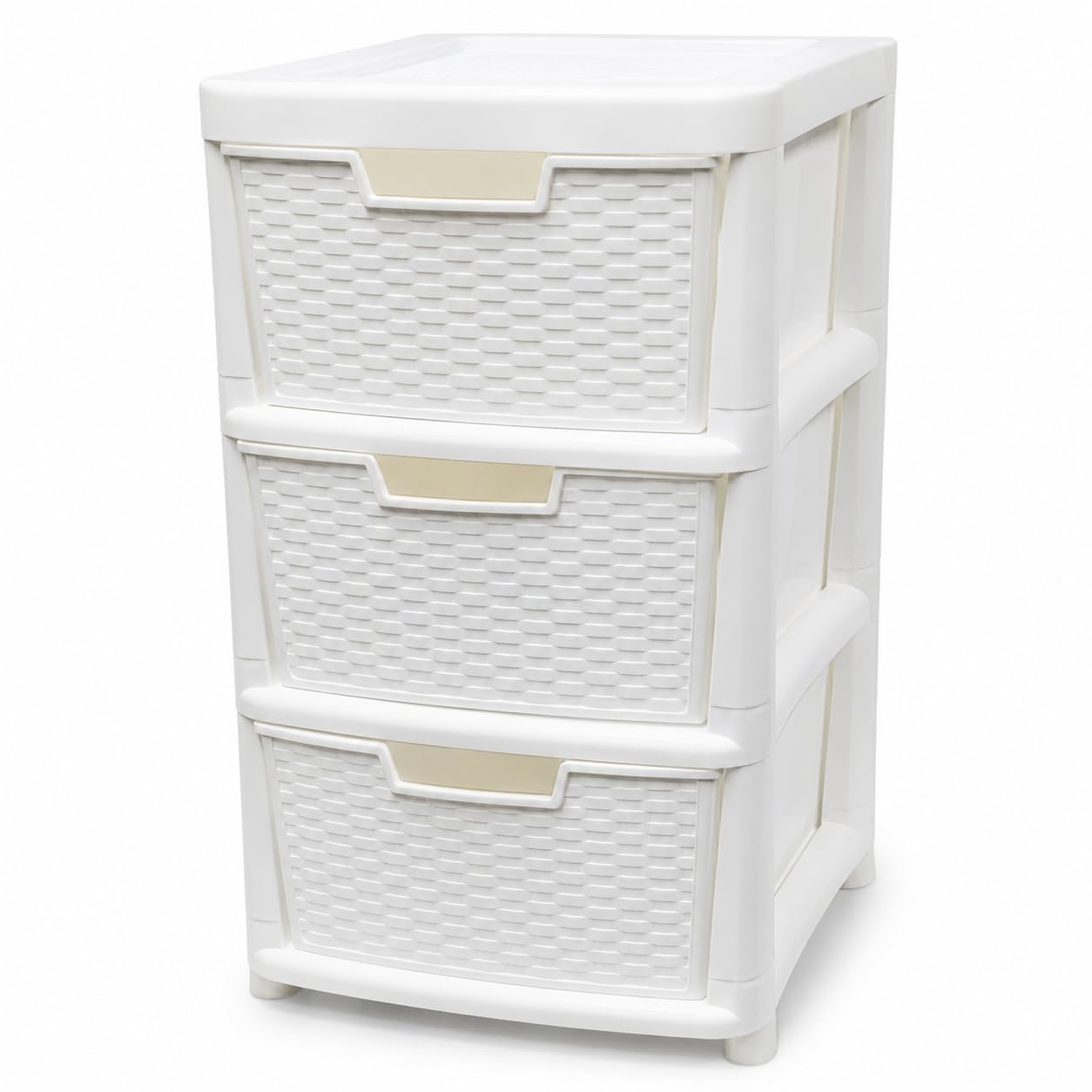 Kaanco Large Plastic Storage Drawers Rattan Effect Storage Unit Tower Space Saving Plastic Drawers for Bedroom Office Kitchen Laundry Bathroom Clothes Toy Home Organisation (3 Tier Rattan White)