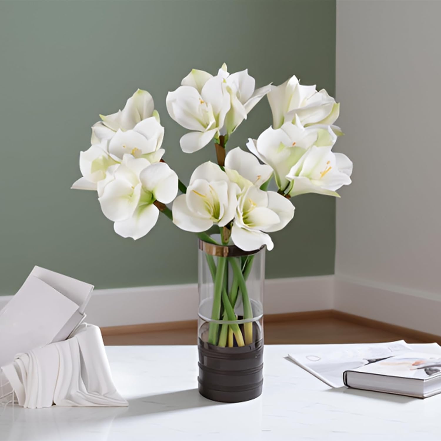 2Pcs 23.6" Artificial Amaryllis Flowers White Real Touch Faux Amaryllis Stems Fake Silk Naked Lady Flowers Faux Belladonna Lily for Home Halloween Christmas Party Hotel Decoration Wedding Bouquet - Image 2