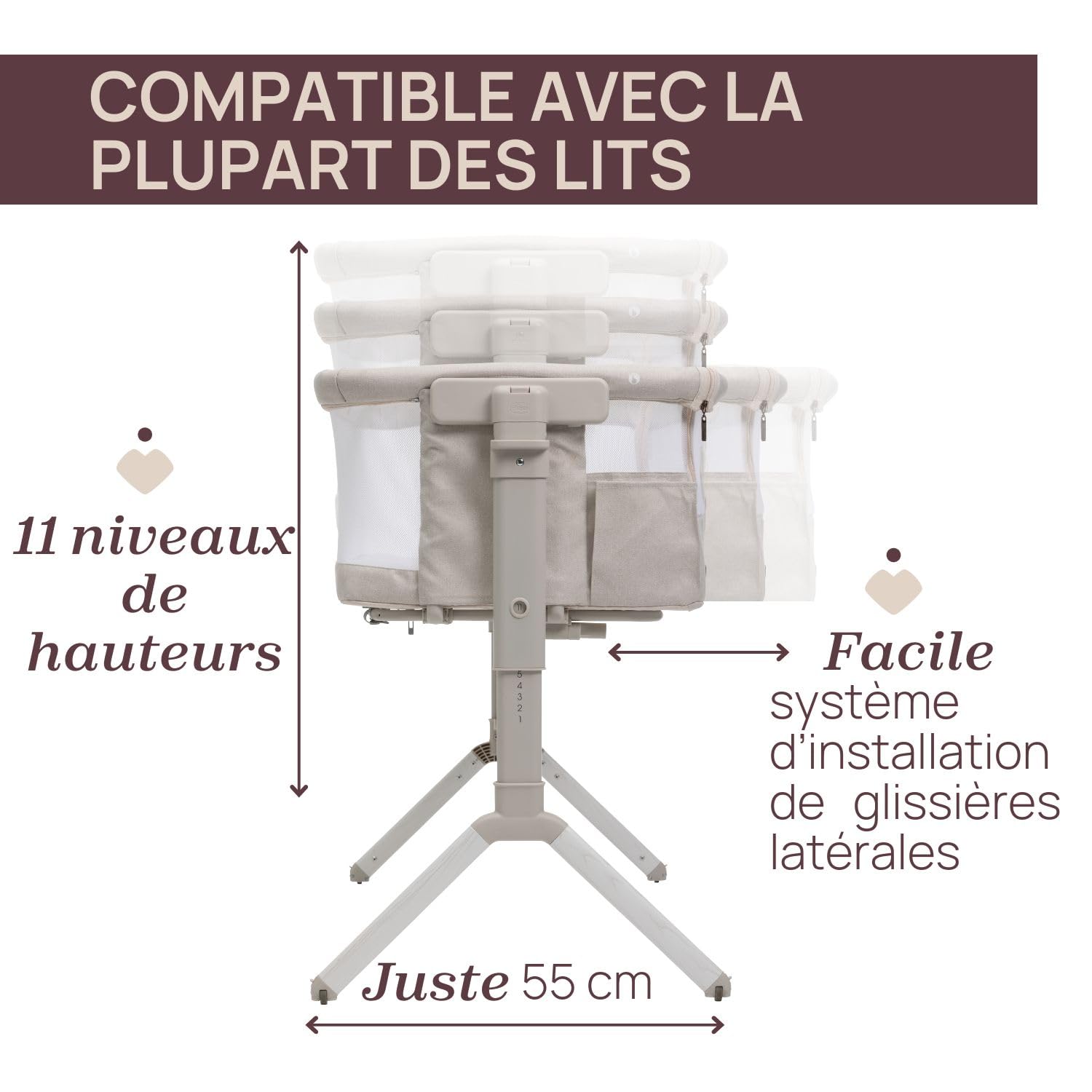 Chicco Next2Me Armonia Berceau nouveau-né côté lit 11 niveaux hauteur réglable 66-83 cm 4 roues Blanc