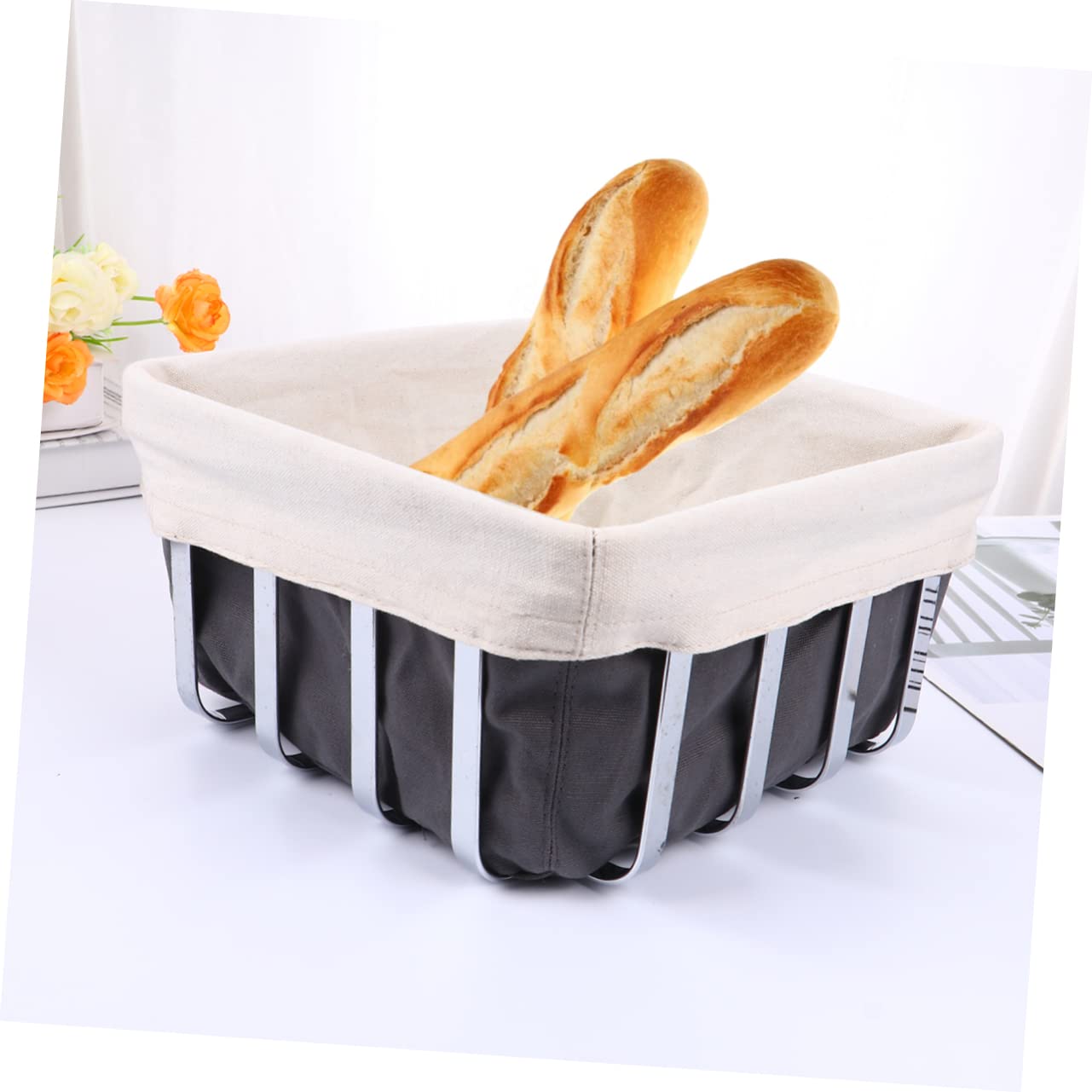 MUCKLILY Stainless Steel Bread Basket Fruit Container Bread Bin Baskets Loaf Cloth Modern Organizing Storage Bread Basket Liner Square Proofing Basket Kitchen Organiser Tableware Organizer