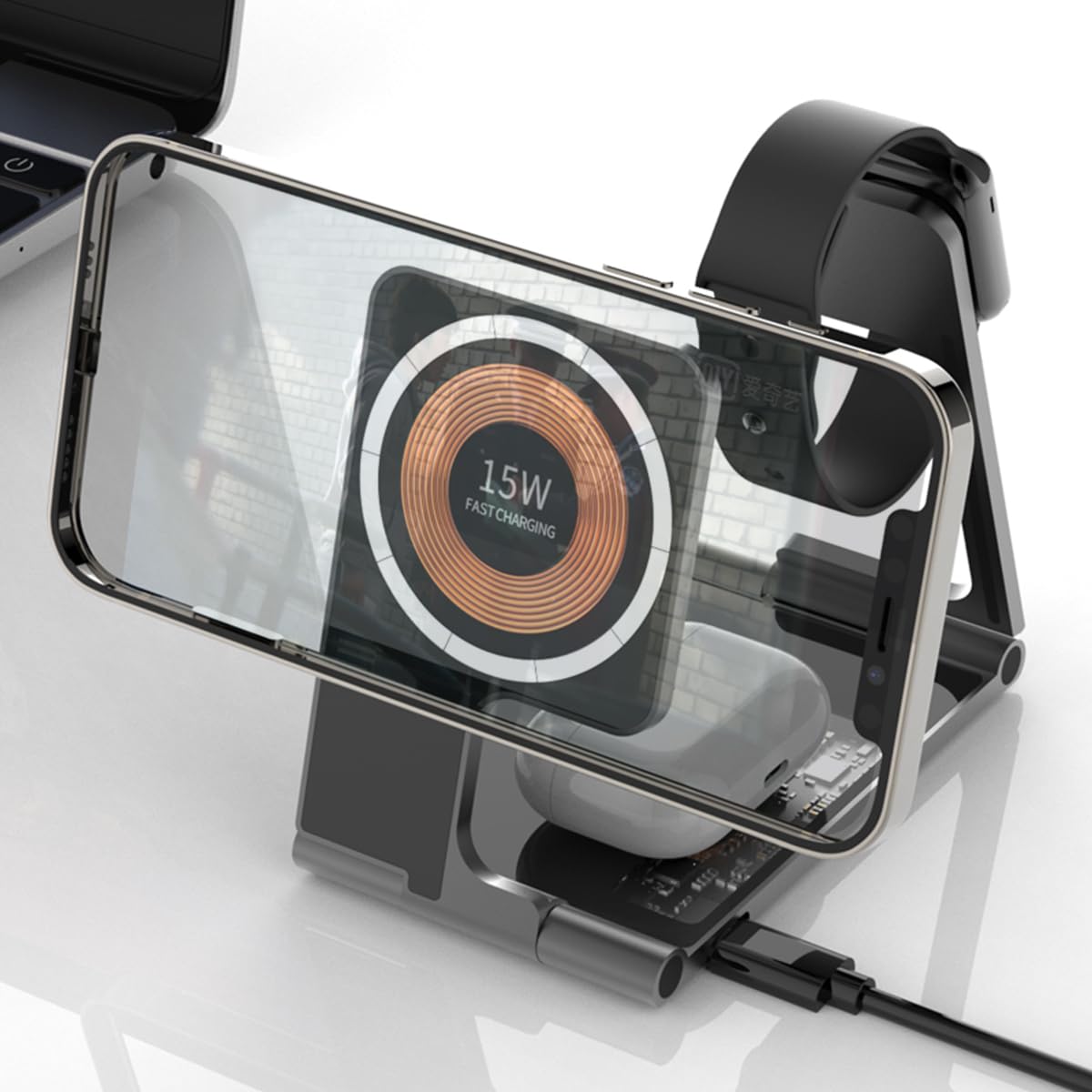 3 in 1 Magnetische Kabellose Ladestation Metall - Dual 15W Schnellladung, Faltbar & Ultra-Slim für Reisen, Büro und Zuhause Kompatibel mit iPhone/Apple Watch/AirPods