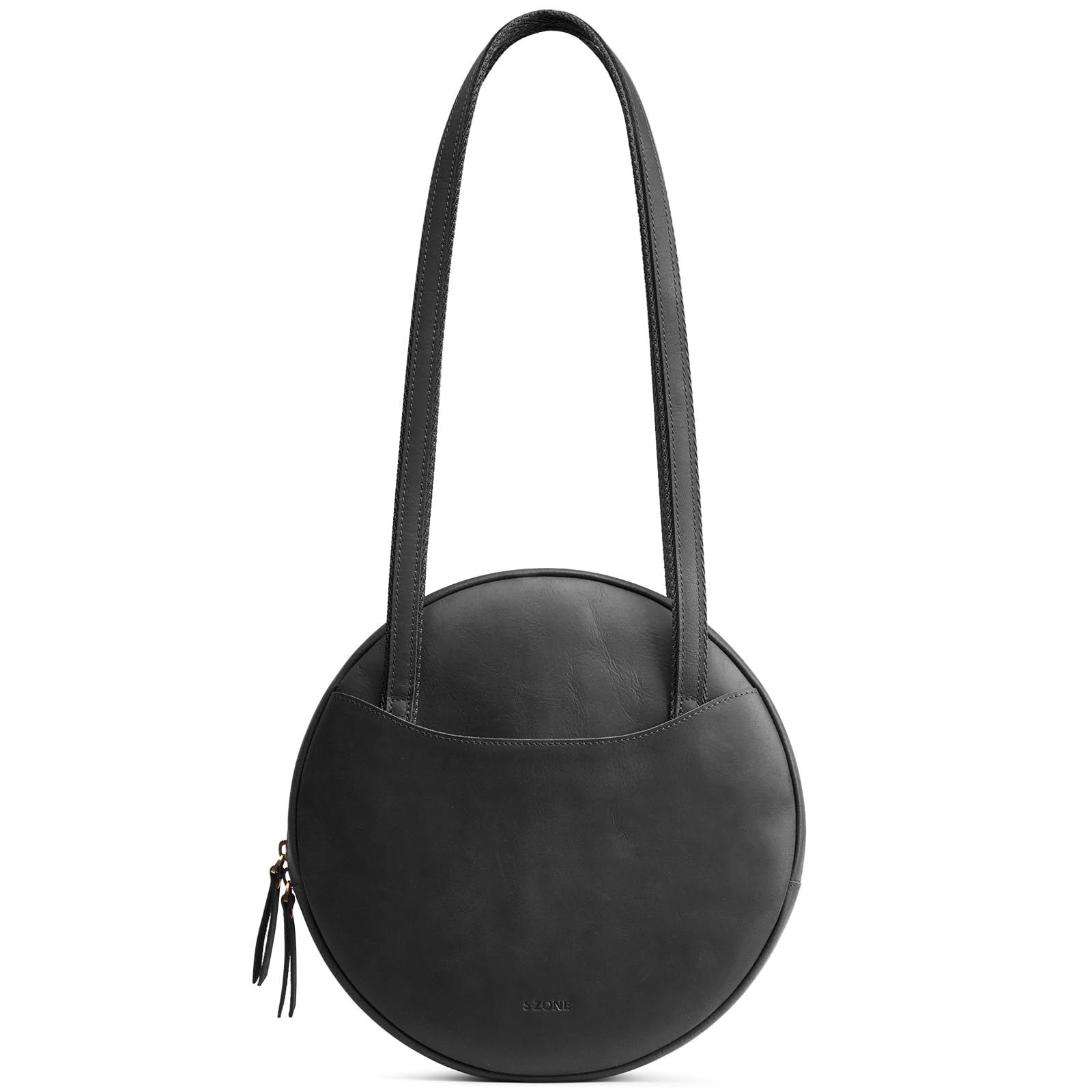 S-ZONE Large Leather Shoulder Bags for Women Circle Trendy Bag Round Purses Designer Handbag