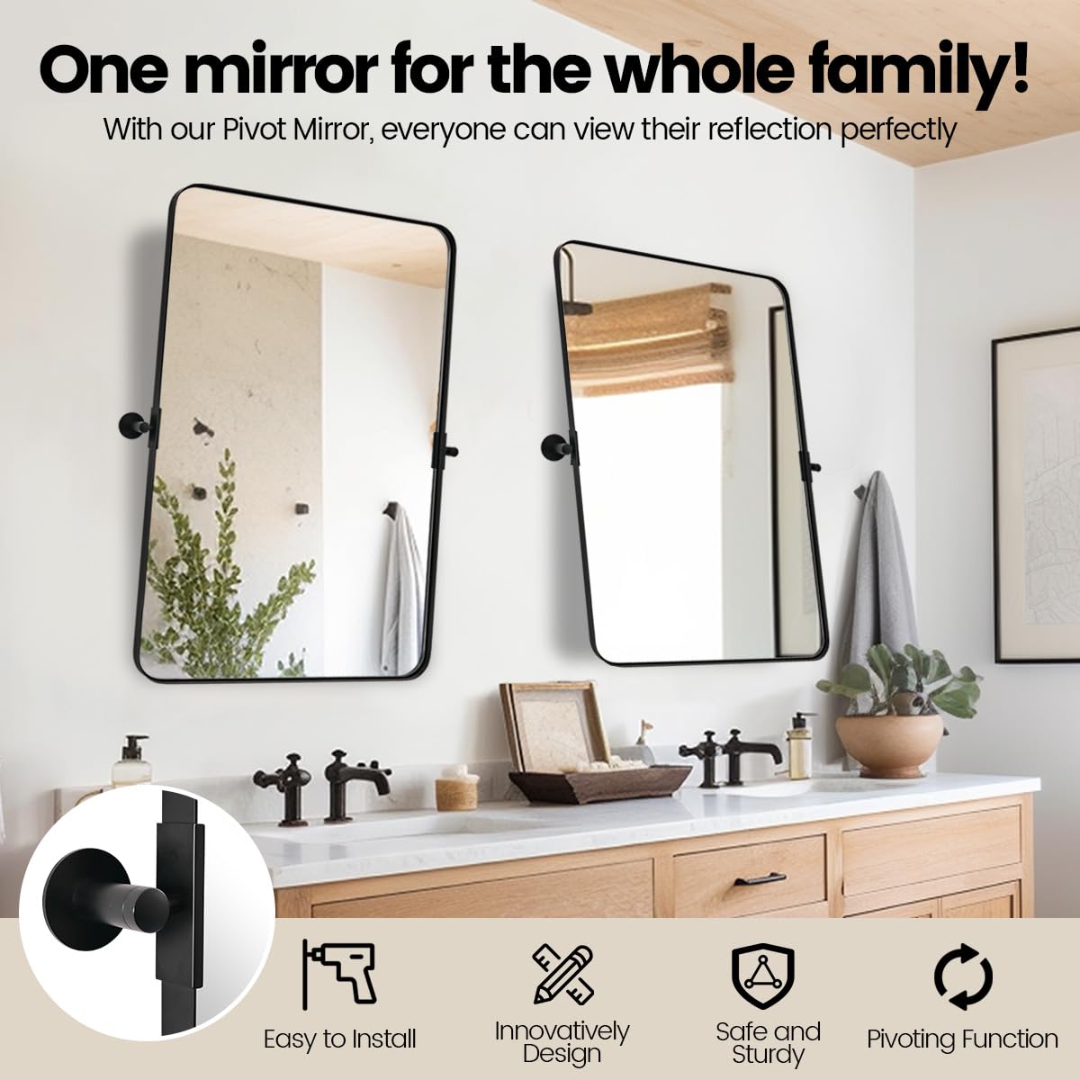 MOON MIRROR Specchio da bagno rettangolare girevole con cornice in metallo nero, 61 x 81,3 cm, inclinabile, arrotondato, da appendere alla parete, solo verticale