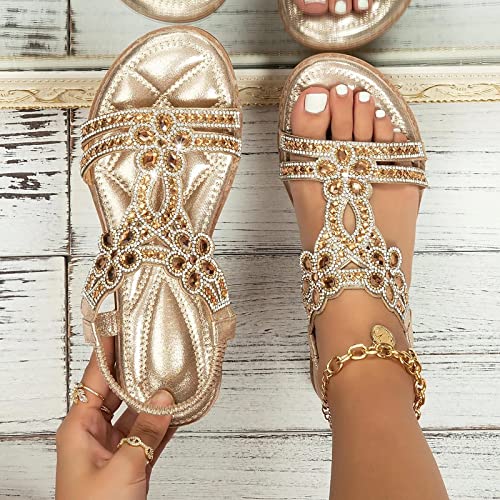 Summer Beach Sandals for Women 2025,Crystal Rhinestone Pearl Flat Sandals for Women Dressy Bling Sparkly Thong Sandals Comfortable T Strap Slip-On Shoes Casual Walking Sandals Strappy Sandals ﻿2