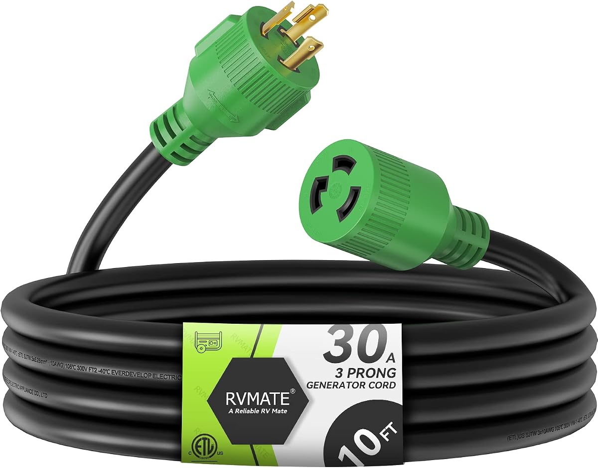 Cable de extensión para generador de 3 clavijas y 30 amperios, 10 pies | Listado ETL, chaqueta NEMA L5-30P/L5-30R 125V SJTW