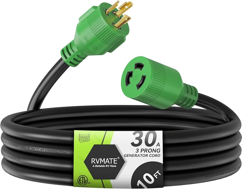 3 Prong 30 Amp Generator Extension Cord 10 Feet | ETL Listed, NEMA L5-30P/L5-30R 125V SJTW Jacket