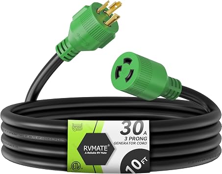 RVMATE 3 Prong 30 Amp Generator Extension Cord 10 Feet، NEMA L5-30P / L5-30R 125V SJTW Jacket