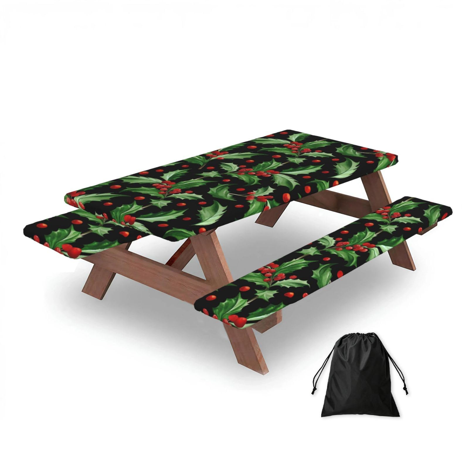 Dopklna As Picture Merry Christmas Holly, Picnic Table Cover With Bench Covers -Waterproof Elastic Fitted Tablecloth For Garden Camping Patio 76X152cm