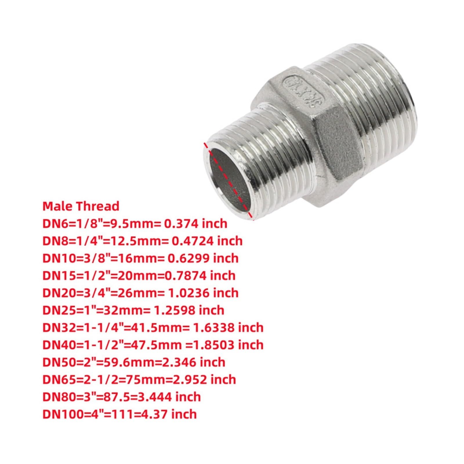 SS304 Złącze sześciokątne ze stali nierdzewnej 1/8 "-1-1/2" BSP Złącze rurowe męsko-męskie(DN65 to DN40)