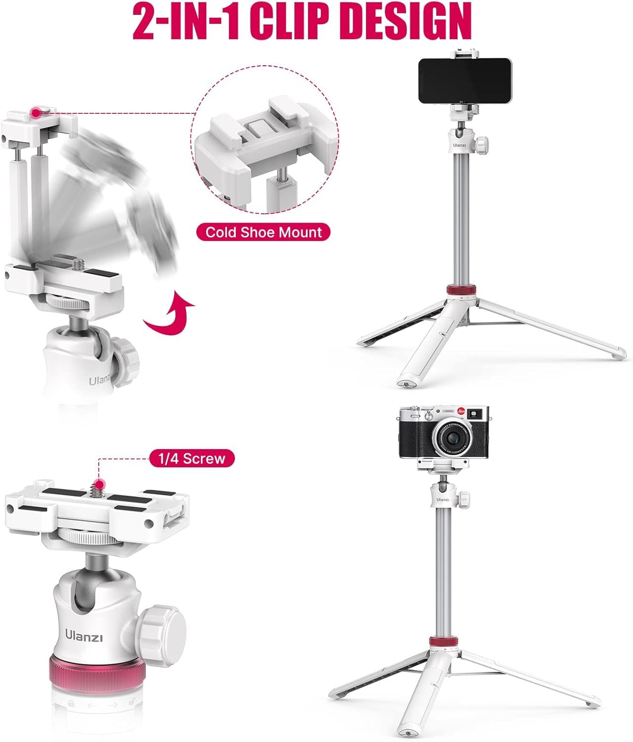 ULANZI MT-44 Statyw do aparatu/telefonu komórkowego, 147 cm, 2 w 1, kijek do selfie z pilotem zdalnego sterowania, głowica kulowa 360°, uchwyt na telefon z zimną stopką (Cold Shoe), gwint 1/4