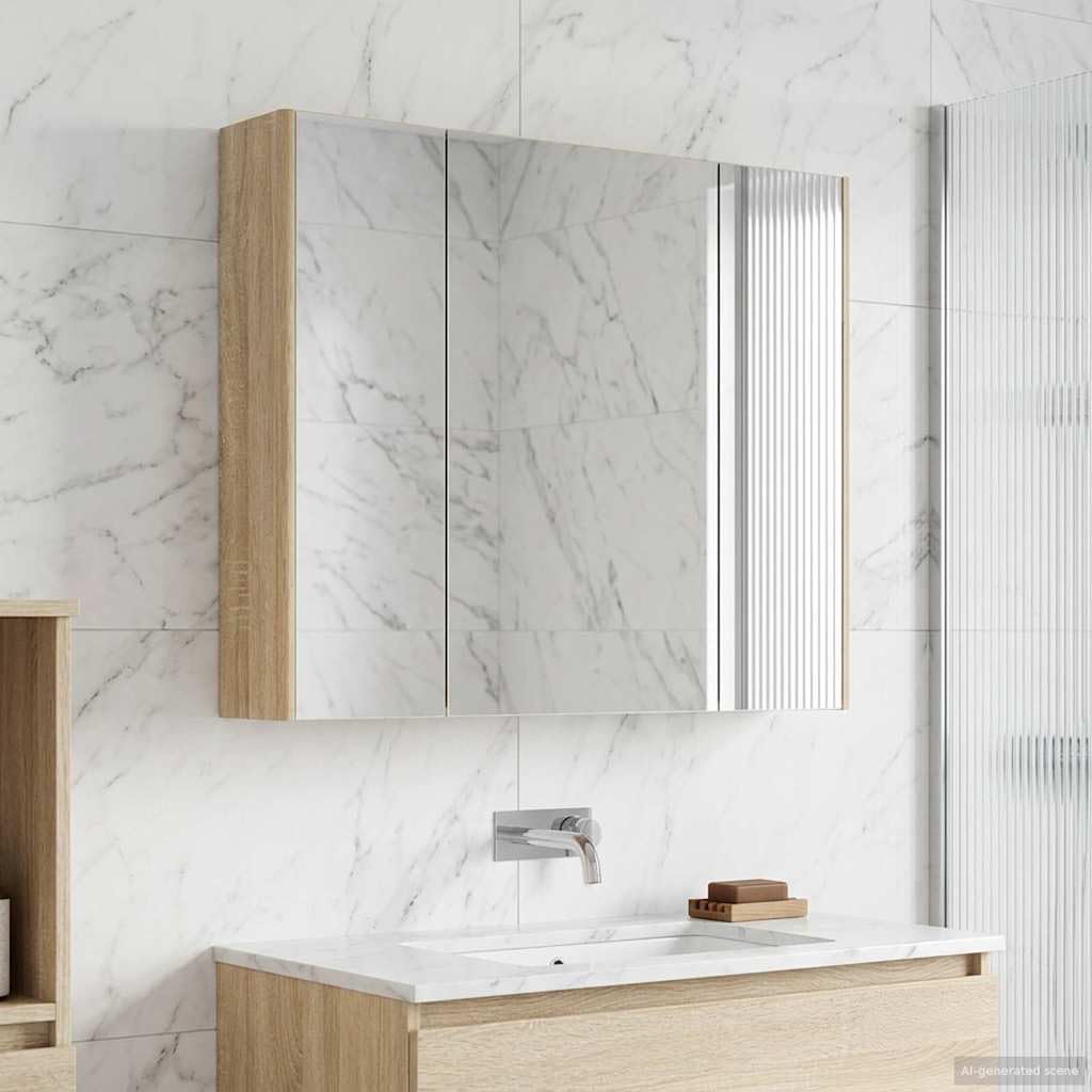 Armario de baño con espejo de roble Sonoma de madera de 83,5 x 15,5 x 70 cm con iluminación LED, estantes ajustables, montaje en pared y espejo a ambos lados para baño moderno e inodoro de