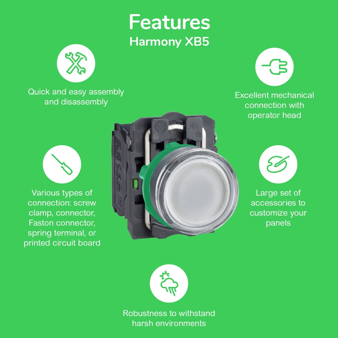 Schneider Electric XB5AW33M5 Pulsador Iluminado Diámetro 22, Retorno Resorte Nivelado, 240 V, 1 NA + 1 NC, Verde