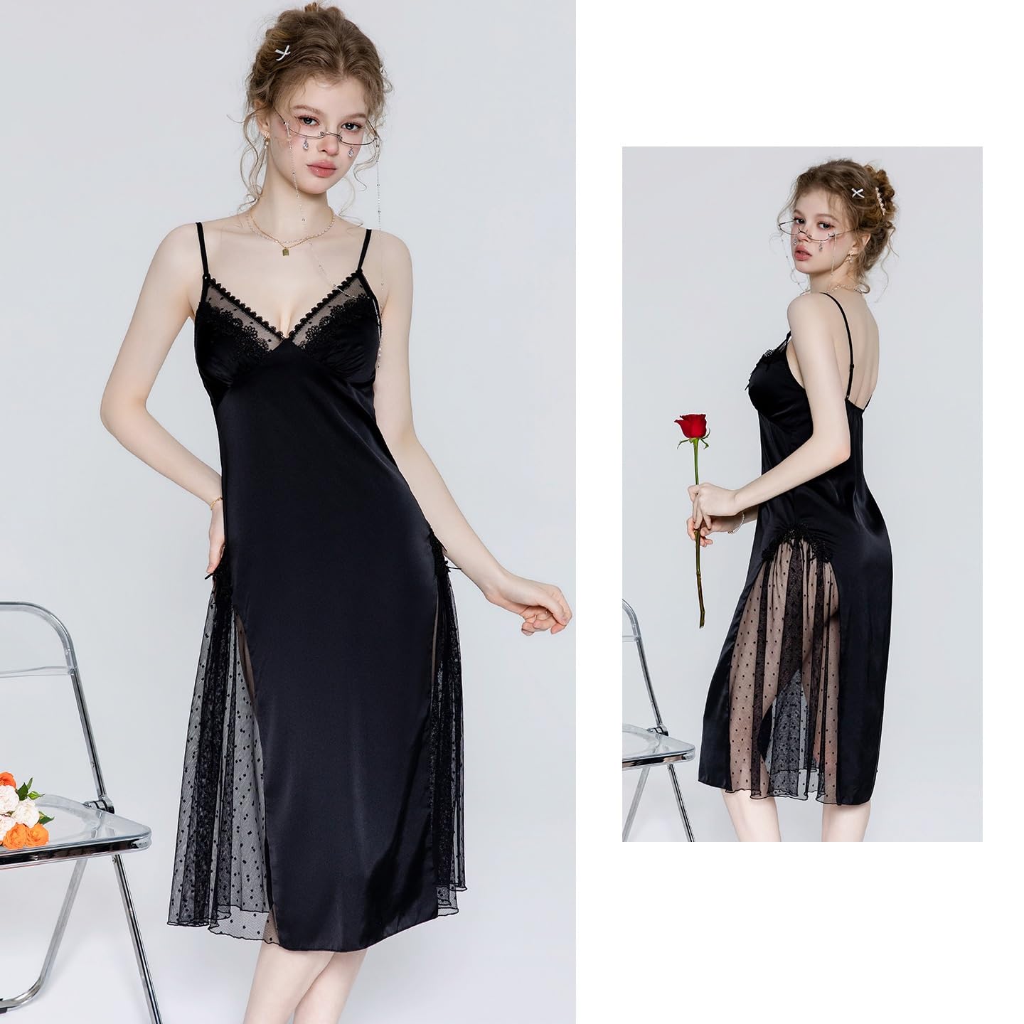 Zweiteiliger Nachtwäsche Set Completo Sottoveste/Vestaglia Lunga in Raso, Pizzo E Rete Trasparente A Pois