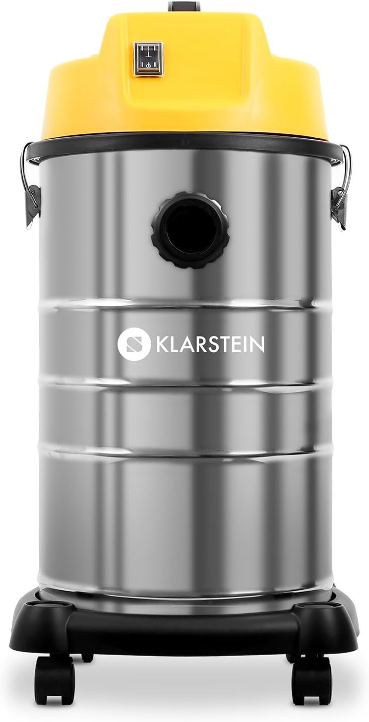 KLARSTEIN IVC-30 - Aspirapolvere Industriale, 1800 W, Protezione IP X4, Contenitore Acciaio Inox 30 Litri, Sistema Soffietto, Base in Plastica, Argento/Giallo KLARSTEIN IVC-30 - Aspirapolvere Industriale, 1800 W, Protezione IP X4, Contenitore Acciaio Inox 30 Litri, Sistema Soffietto, Base in Plastica, Argento/Giallo
