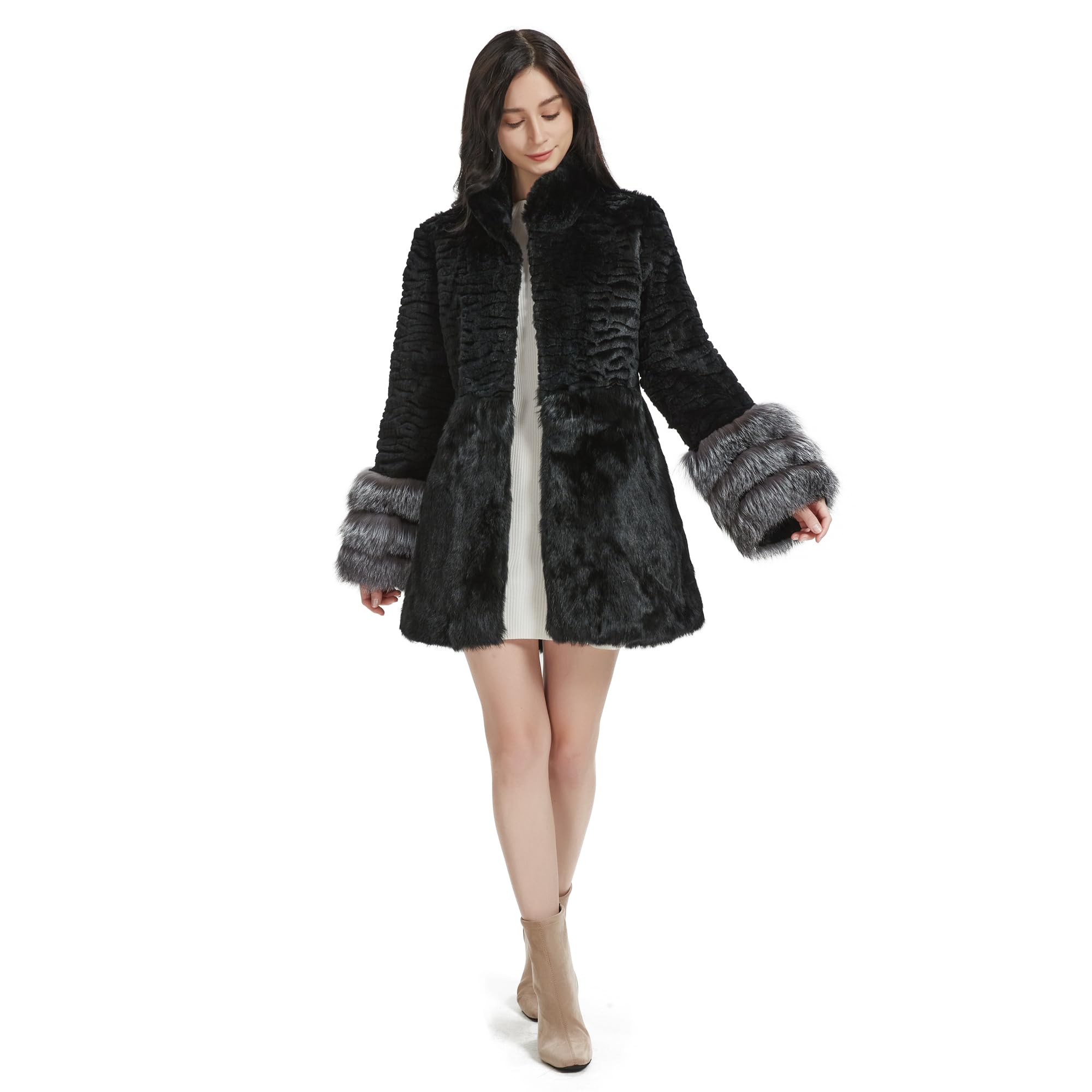 Fur Story Women's Rabbit Fur Coat with Fox Fur Cuffs
