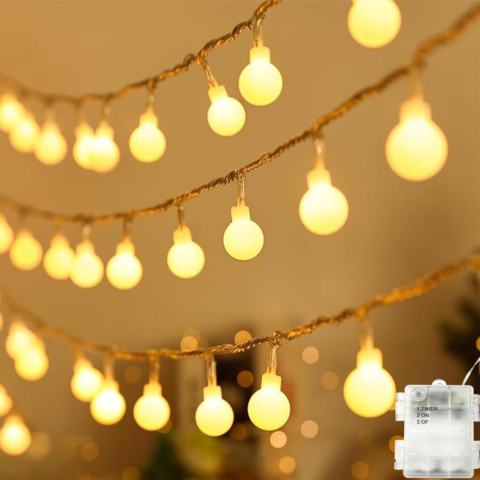 Lichterkette Batterie Außen, Led Lichterketten Globe, Warmweiß 30 LED Kugel Lichterkette mit Timer für Balkon, Schlafzimmer, Garten, Partys, Weihnachten, Hochzeit, Innen Deko